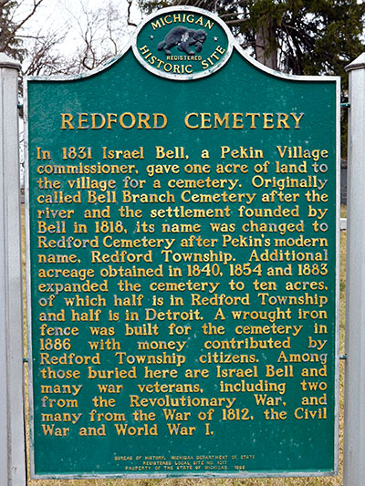 Redford Cemetery Michigan Historical Marker. Image ©2015 Look Around You Ventures, LLC.